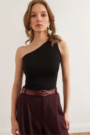 Olalook Schwarze, Drapierte, Detaillierte One-shoulder-bluse Aus Weicher Viskose für Damen - S