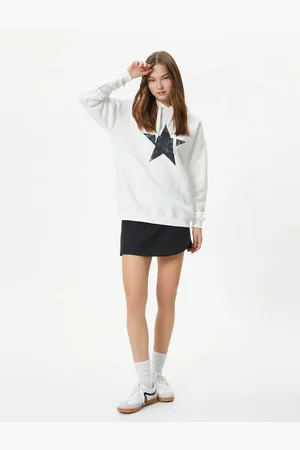 Koton Star Printed Oversize Sweatshirt Mit Kapuze Langarm für Damen - XS