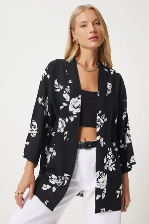 Happiness istanbul Schwarzer Gemusterter Viskose-kimono für Damen - 38