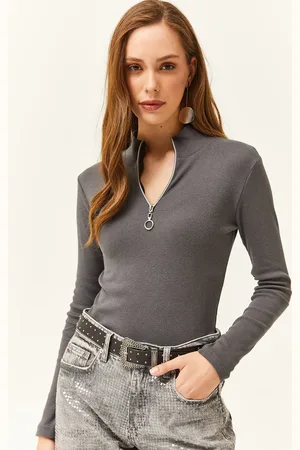 Olalook Anthrazitfarbene Lycra-rollkragenbluse Mit Reißverschluss für Damen - M