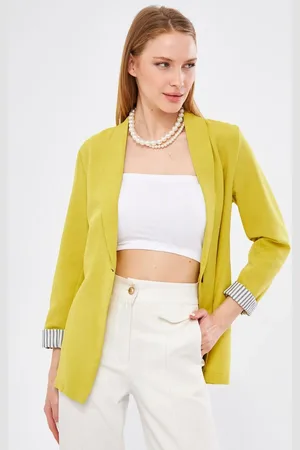 armonika Jacke Mit Ölgrünen Ärmeln Und Streifen Und Einem Knopf für Damen - S