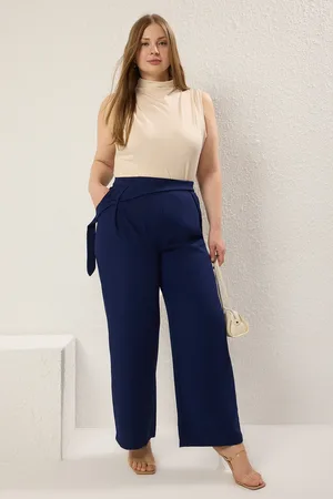 Trendyol Marineblaue Gewebte Hose Mit Hoher Taille Und Weitem Bein für Damen - 46