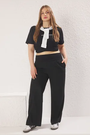 Trendyol Schwarze Gewebte Hose Mit Hoher Taille Und Weitem Bein In Übergröße für Damen - 44
