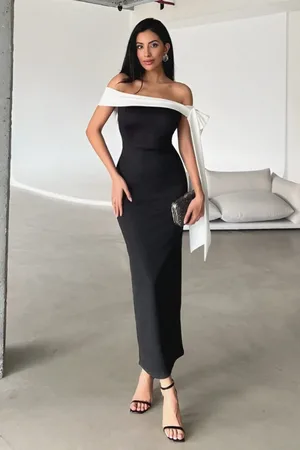 Trendyol Schwarz-weißes, Figurbetontes Schulter-schleifen-detailliertes Gestricktes, Stilvolles Abendkleid, Nachtabendkleid für Damen - 40