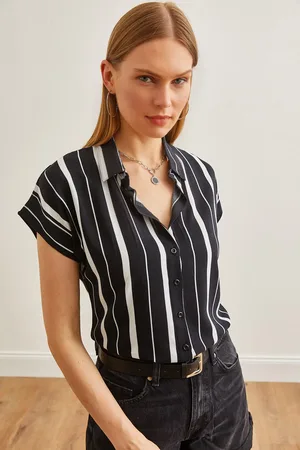 Olalook Dick Gestreiftes Schwarzes Viskose-shirt Mit Fledermausmotiv für Damen - M