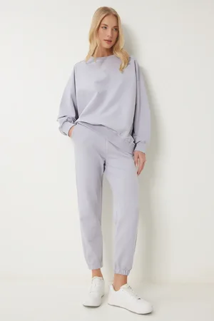 Happiness istanbul Stone Grey Rundhalsausschnitt Oversize Strick-trainingsanzug Set für Damen - 36