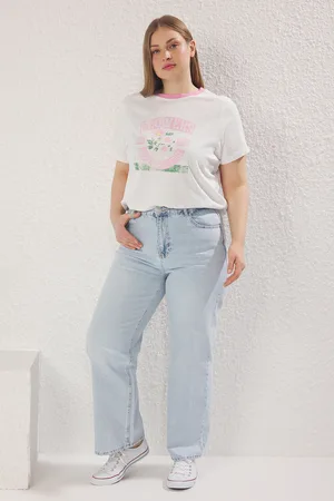 Trendyol Hellblaue Jeans Mit Hohem Bund Und Verblasstem Effekt, Vintage-waschung, Weites Bein, Große Größe, Weites Bein, für Damen - 48