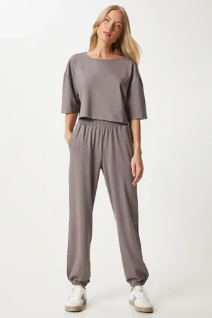 Happiness istanbul Graues Crop-t-shirt Und Jogger-trainingsanzug-set – für Damen - 36