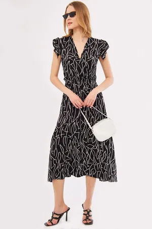 armonika Schwarzes Midikleid , Zweireihig, Kragen, Schulterrüschen, Elastische Taille, Midilänge für Damen - S