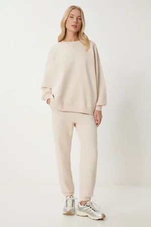 Happiness istanbul Cremefarbenes Oversize-strick-trainingsanzug-set Mit Rundhalsausschnitt für Damen - 38