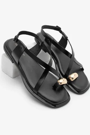 Marjin Schwarze Bekleidung, Schwarze Freizeitsandale Aus Echtem Leder Mit Flip-flop-schnalle für Damen - 38