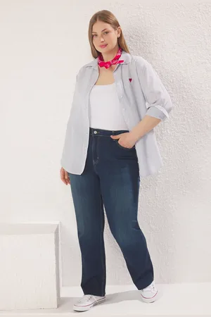 Trendyol Blaue Jeans Mit Hoher Taille Und Gerader Passform In Übergröße für Damen - 44