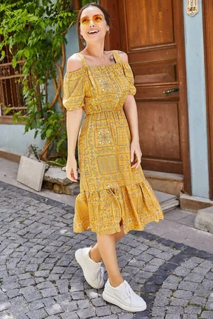 armonika Senffarbenes, Kariertes, Floral Gemustertes, Geschnürtes Kleid Mit Elastischer Taille für Damen - S