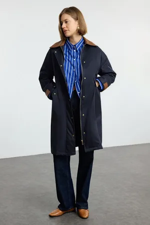 Trendyol Marineblauer, Übergroßer Trenchcoat Mit Lederdetail Am Kragen für Damen - 40