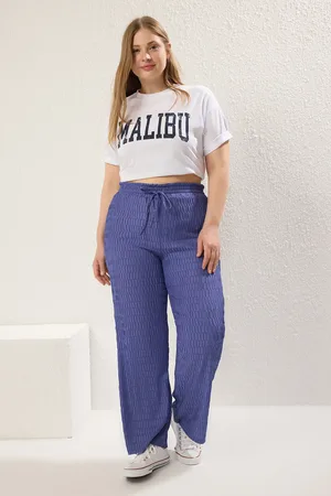 Trendyol Indigofarbene Hose Mit Weitem Bein Und Hoher Taille, Strukturiert, Große Größe für Damen - 5XL