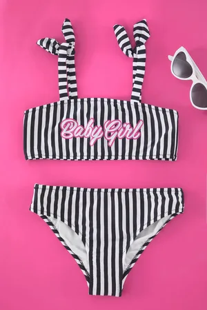 Trendyol Schwarzes Mädchen-baby-bikini-set Mit Bedrucktem, Gestreiftem, Hängendem Hals, Gestrickt, für Damen - 8–9 Jahre