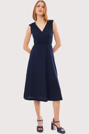 armonika Marineblaues Midi-kleid – Elastische Taille Und Schulter, Zweireihiger Kragen, Arm – 24 Jahre 001017 für Damen - L