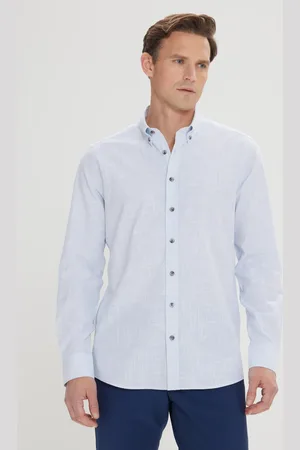 Altınyıldız Classics Blaues Slim-fit-sommerhemd In Leinenoptik Aus 100 % Baumwolle Mit Flamour – Knopfkragen für Herren - L