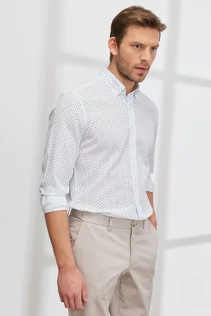 Altınyıldız Classics Weißes Leinenhemd Slim Fit Marineblau, Geknöpfter Kragen, Bedruckt für Herren - L