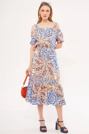 armonika Kleid Mit Indigoblauem Karomuster, Blumenmuster, Trägern Und Elastischer Taille für Damen - L