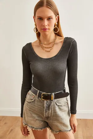 Olalook Anthrazitfarbene, Gewaschene Camisole-bluse Mit Breitem Kragen - für Damen - XL
