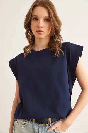 Olalook Marineblaues Unterarm-t-shirt Mit Fledermausmuster Tsh- 19000330 für Damen - S