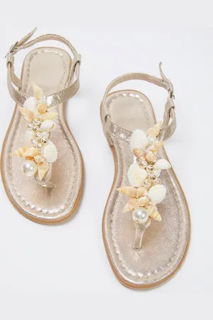 Trendyol Gold Sea Shell Pearl Detaillierte Flip Flops Stilvolle Sandalen für Damen - 36
