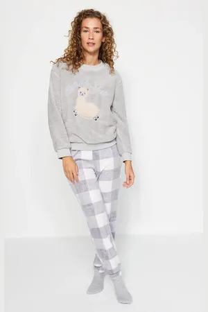 Trendyol Graues Strick-pyjama-set Mit Lama-muster – Wellsoft Winter-set für Damen - M