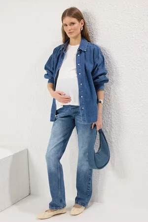 Trendyol Blaue Jeans Mit Bauchpanel – Übergröße – Gerade Passform Mit Elastischem Bund für Damen - 38