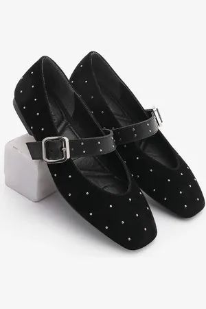 Marjin Ballerinas „velona“ Aus Schwarzem Wildleder – Stumpfe Zehenpartie Und Schnalle Mit Nieten für Damen - 38