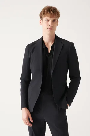 Avva Schwarze, Strukturierte, Ungefütterte Seersucker-jacke Mit Doppelschlitz A31y4012 für Herren - 48