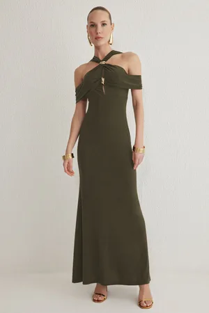 Trendyol Khakifarbenes, Figurbetontes Accessoire, Detailliertes, Gestricktes, Langes, Stilvolles Abendkleid, Nachtabendkleid für Damen - 34