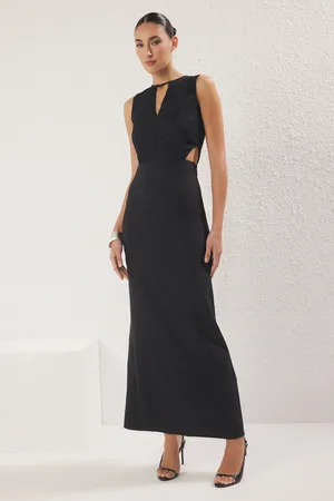 Trendyol Schwarzes, Detailliertes, Gewebtes, Langes, Schickes Abendkleid Aus Spitze, Nachtabendkleid für Damen - 36