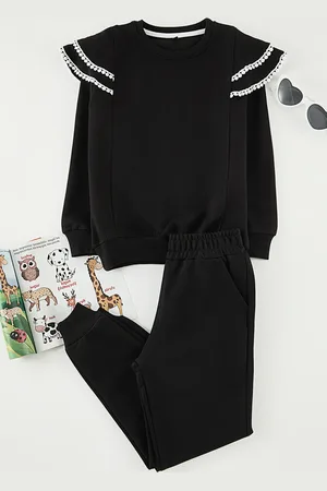 Trendyol Saisonales Strick-sweatshirt Und Jogginghose Mit Rüschen Für Schwarze Mädchen für Damen - 6–7 Jahre