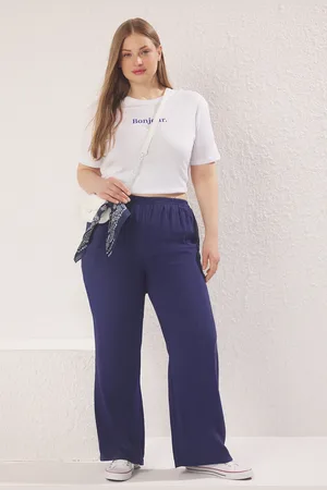 Trendyol Marineblaue Gewebte Hose Mit Hoher Taille Und Weitem Bein Und Viskosem Inhalt für Damen - 52