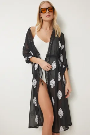 Happiness istanbul Schwarzer, Bestickter Chiffon-kimono Mit Spitzenbesatz für Damen - 40