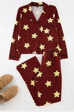Trendyol Burgunderrotes Gestricktes Pyjama-set Aus 100 % Baumwolle Mit Sternmuster für Damen - L