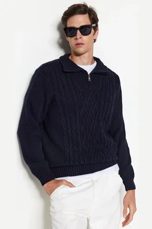 Trendyol Marineblauer Strickpullover Mit Reißverschluss Und Normaler Passform Halber Rollkragen für Herren - M
