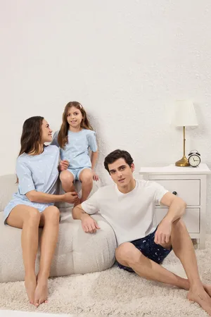 Trendyol Blaues, Übergroßes Familien-kurzarm-pyjama-set Aus 100 % Baumwolle für Damen - 5–6 Jahre