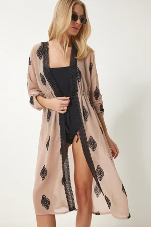 Happiness istanbul Beigefarbener Spitzen-kimono – Chiffon Mit Besticktem Streifen für Damen - 40