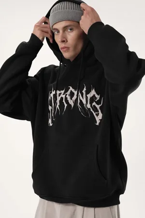 Trendyol Schwarzes Fleece-sweatshirt Mit Aufgesticktem Text Und Kapuze Übergröße Tmnaw24sw00029 für Herren - XS