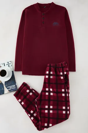 Trendyol Burgunderfarbenes, Kariertes, Weich Strukturiertes Pyjama-set – für Herren - M