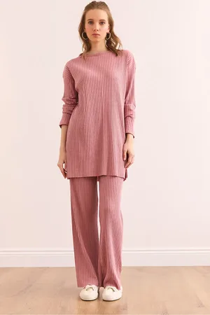 Olalook Dusty Rose Top Schlitz Bluse Unterteil Palazzo Kordelzug Anzug für Damen - XL