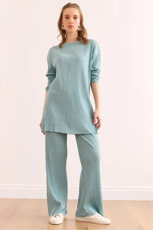 Olalook Mintgrünes Oberteil Mit Schlitz, Bluse, Unterteil, Palazzo-ripp, Team für Damen - S