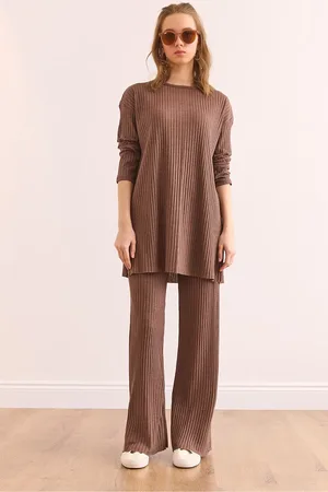 Olalook Nerz Top Schlitz Bluse Unterteil Palazzo Kordel Anzug für Damen - S
