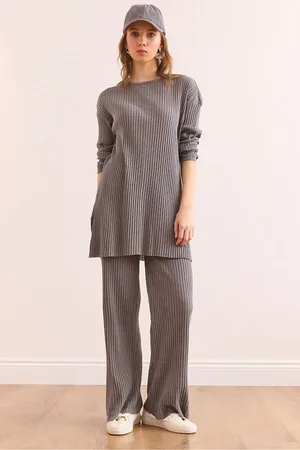 Olalook Anthrazit Oberteil Schlitz Bluse Unterteil Palazzo Kordel Anzug für Damen - M