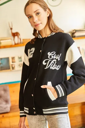Olalook Schwarze, Übergroße Collegejacke Mit Applikationen Und Aufdruck Mit Fleece-innenseite für Damen - XL