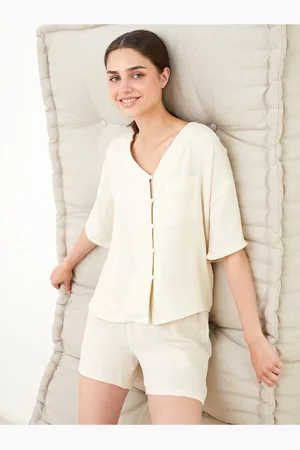 LC Waikiki Einfarbiges, Kurzärmliges Pyjama-set Aus Baumwolle Mit V-ausschnitt für Damen - M