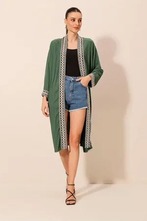 Bigdart 5865 Bestickter, Langer Strickkimono Smaragdgrün für Damen - 40