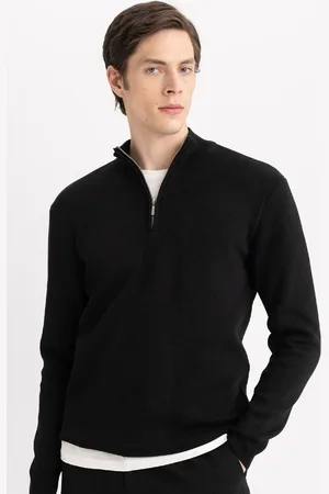 DeFacto Schwarzer Standard-passform-pullover Mit Normaler Passform, Stehkragen Und Reißverschluss. Basic Solid Knitwear Pullover A5184ax24au für Herren - M